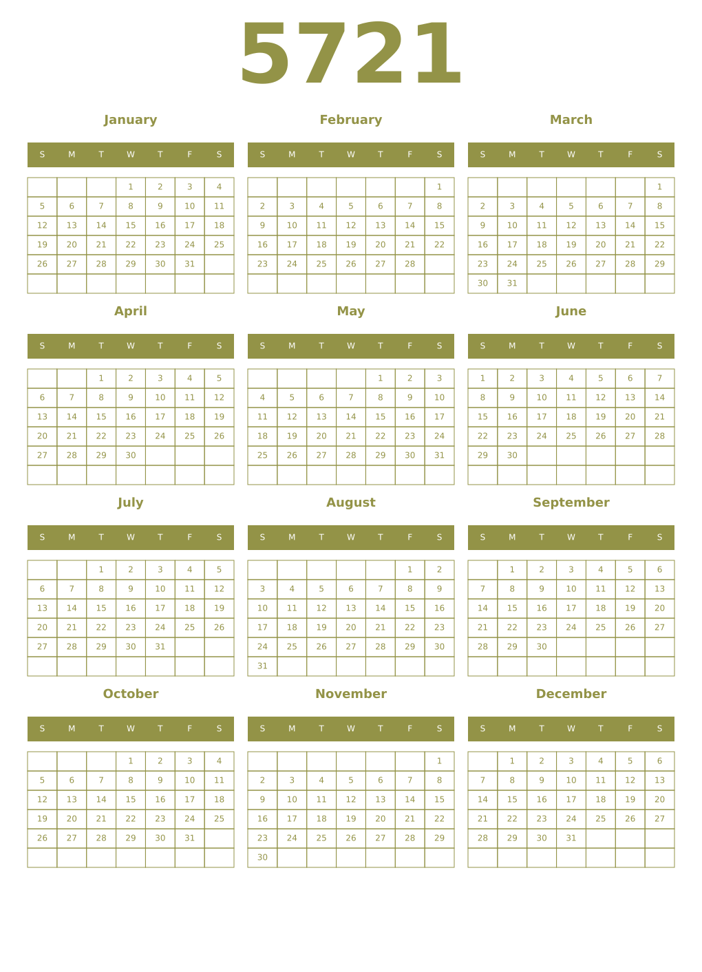 Printable 5721 Year Calendars eburnean