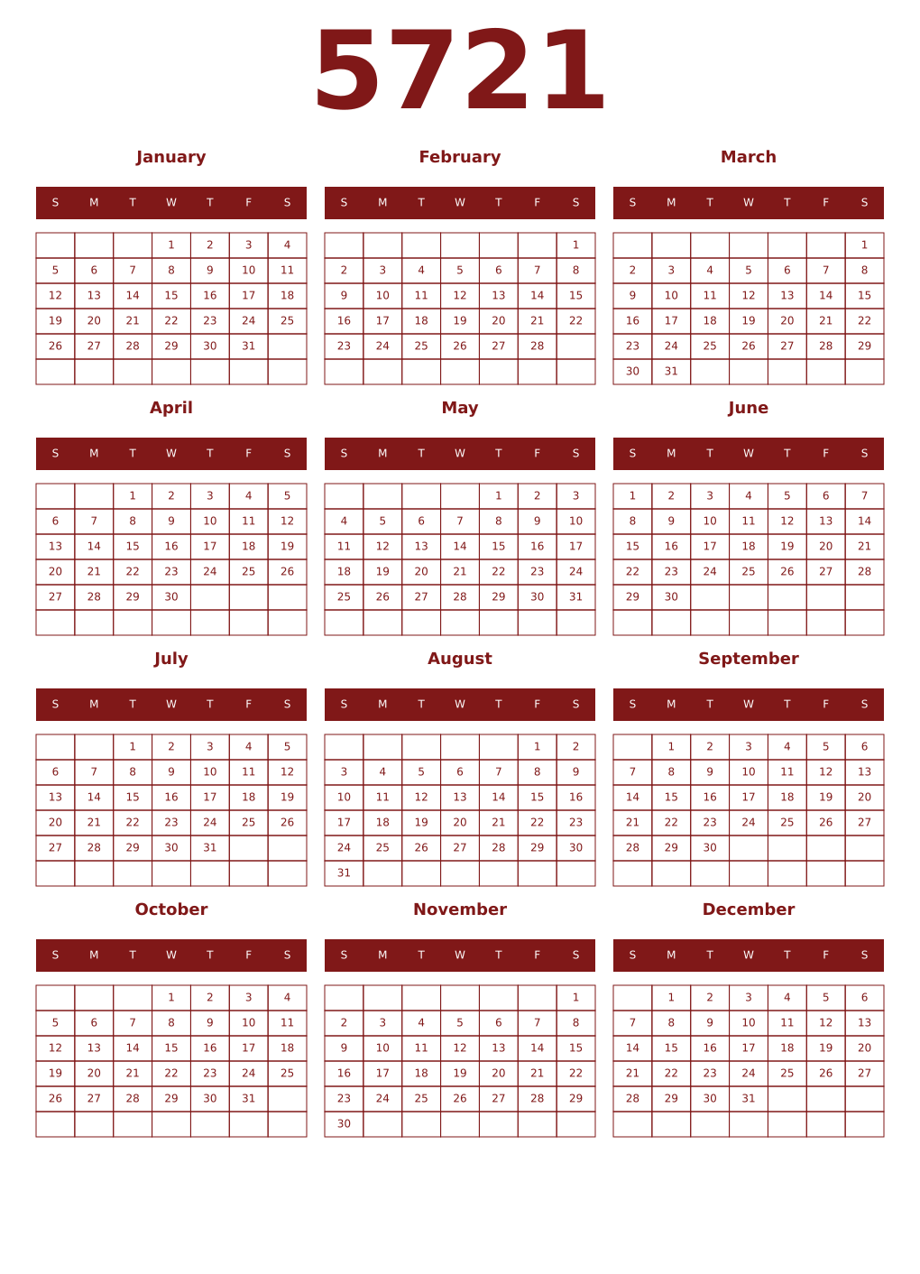Printable 5721 Year Calendars falu