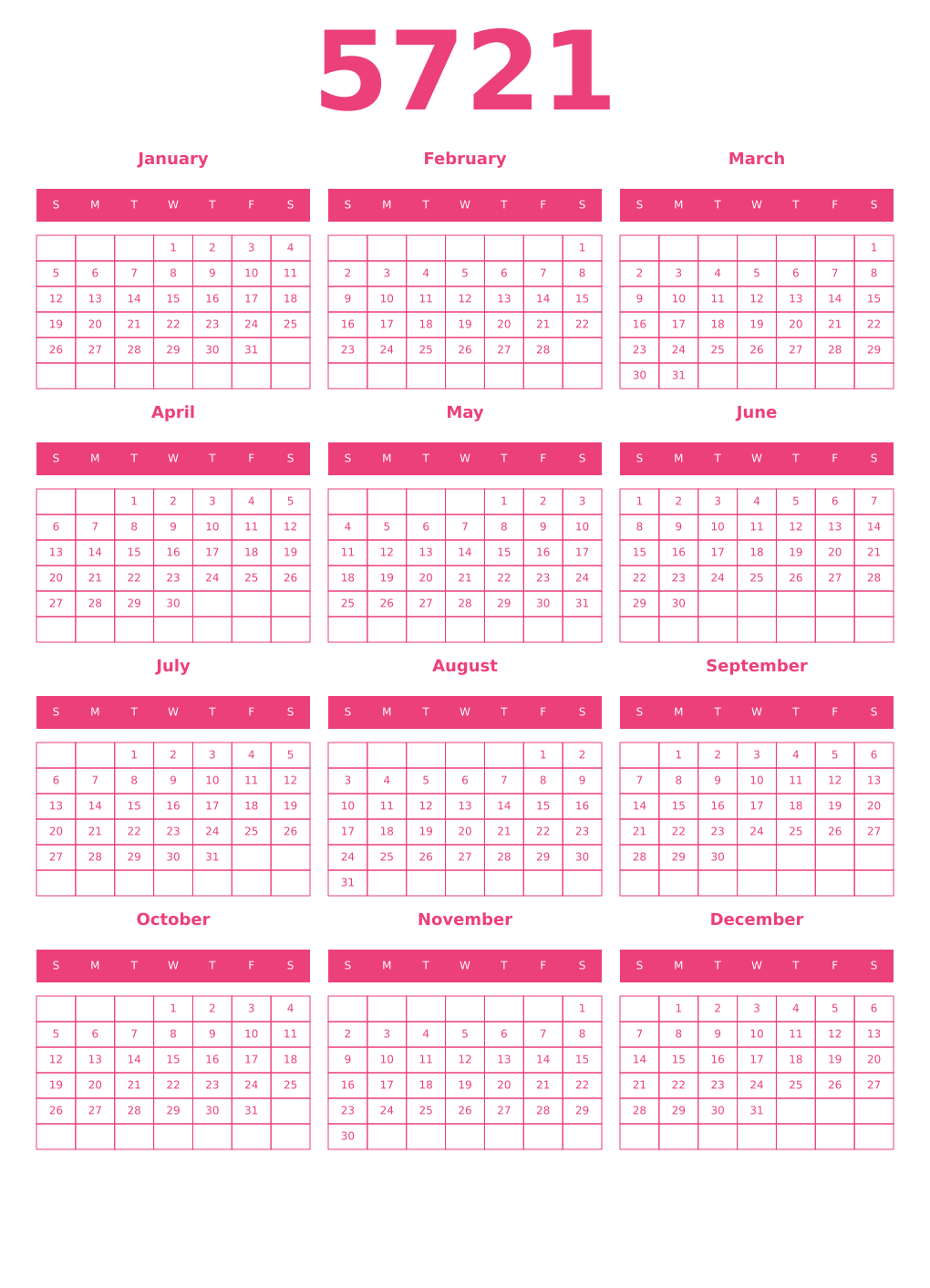 Printable 5721 Year Calendars pink
