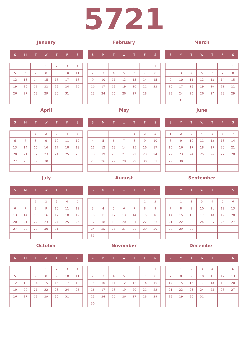 Printable 5721 Year Calendars puce