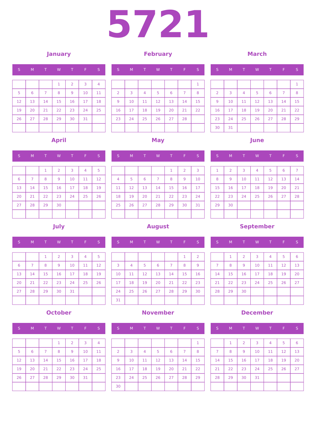 Printable 5721 Year Calendars purple