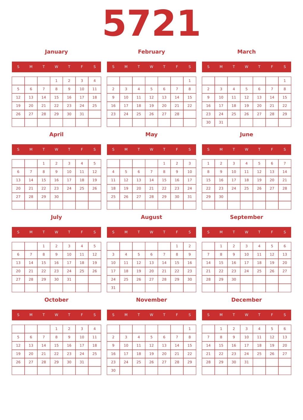 Printable 5721 Year Calendars red