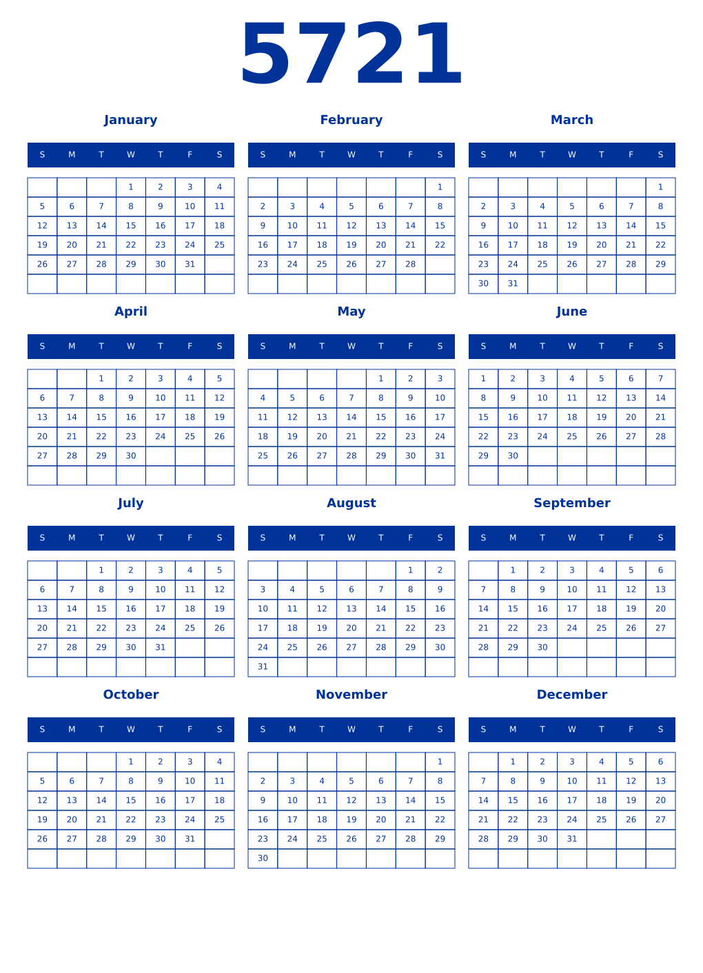 Printable 5721 Year Calendars smalt