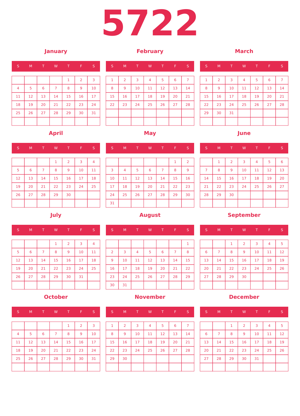 Printable 5722 Year Calendars amaranth