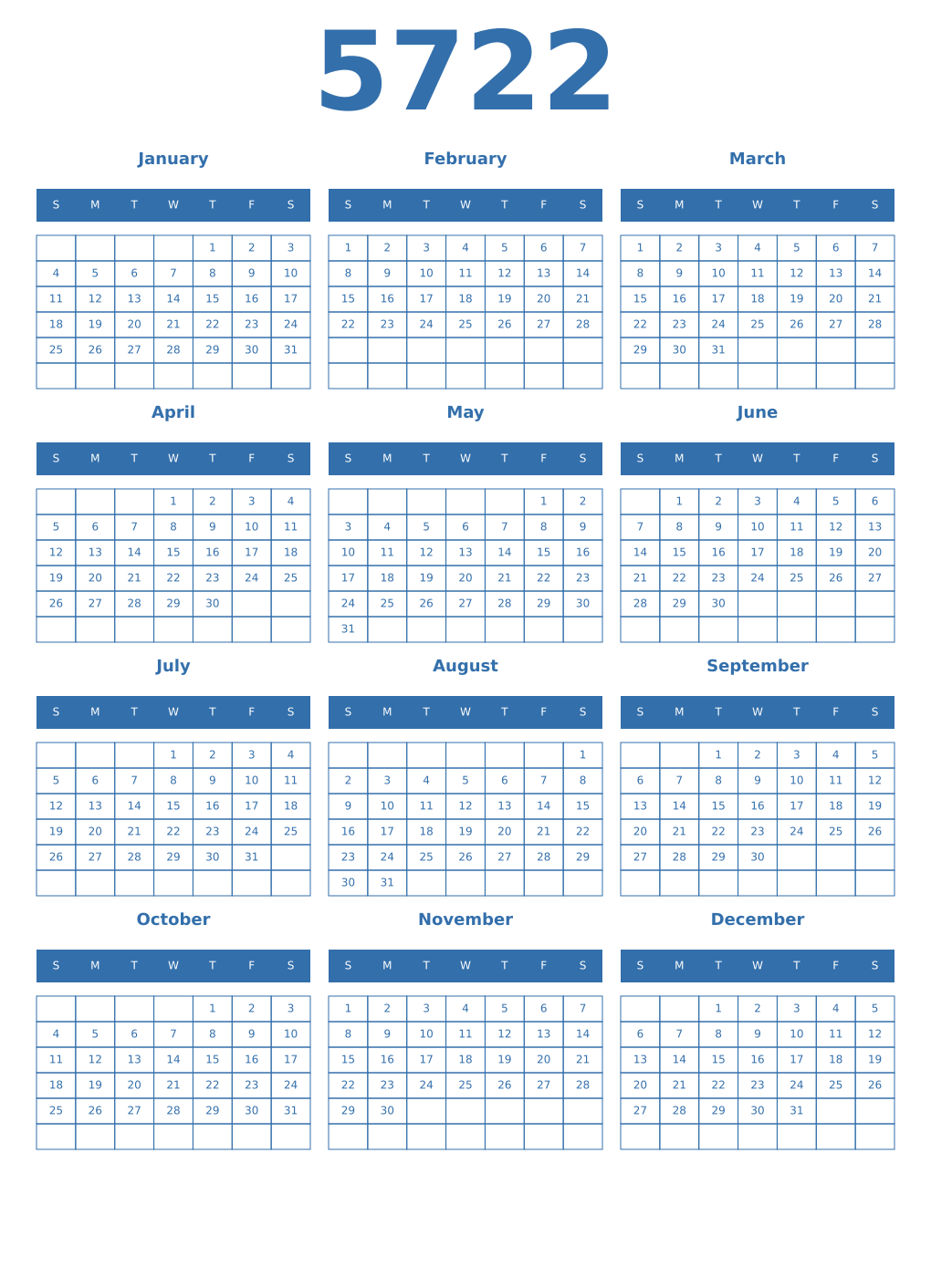 Printable 5722 Year Calendars blue