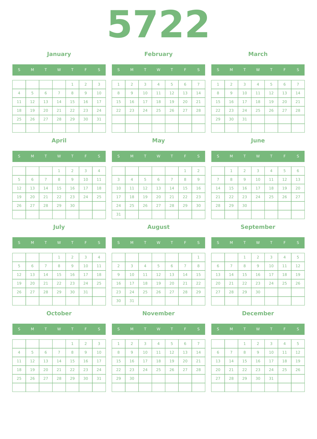 Printable 5722 Year Calendars celadon