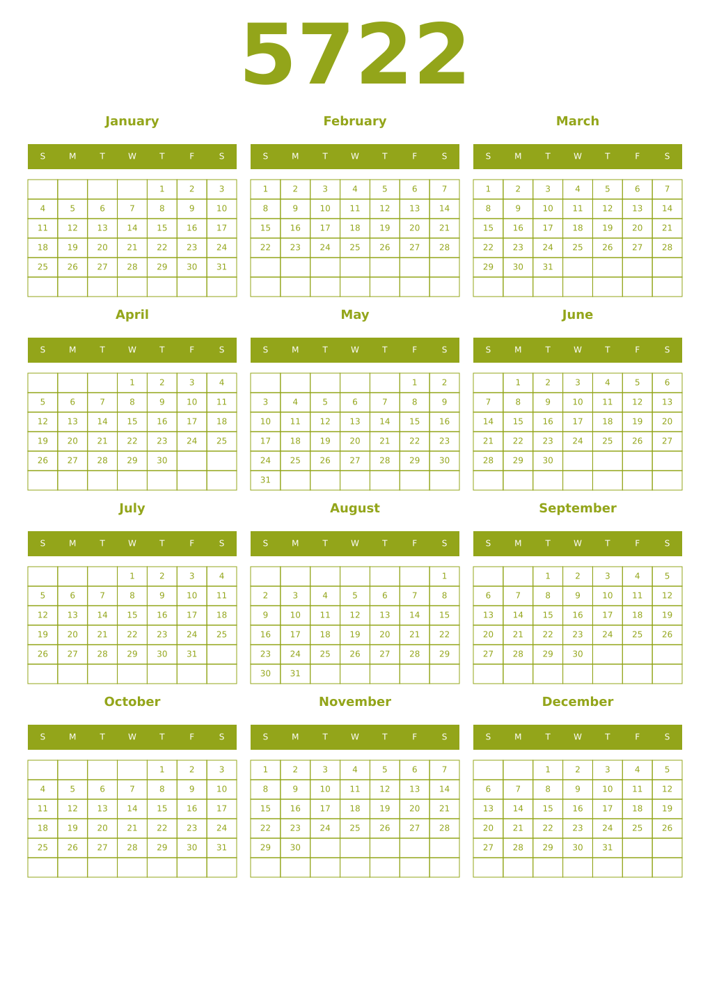 Printable 5722 Year Calendars chartreuse