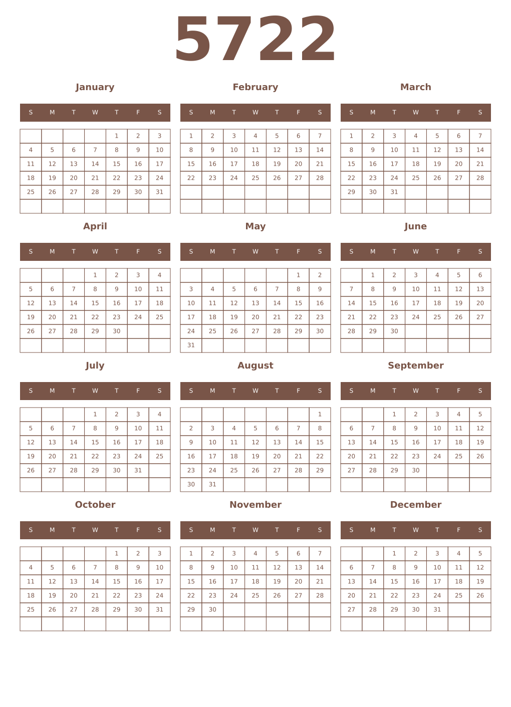 Printable 5722 Year Calendars coffe