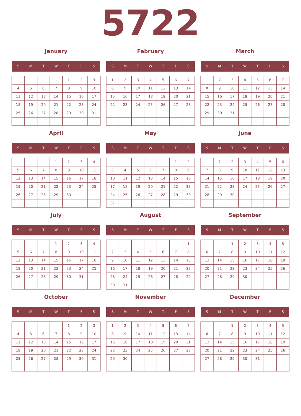 Printable 5722 Year Calendars cordovan