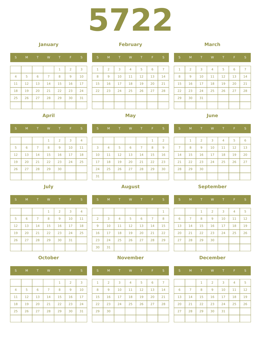 Printable 5722 Year Calendars eburnean