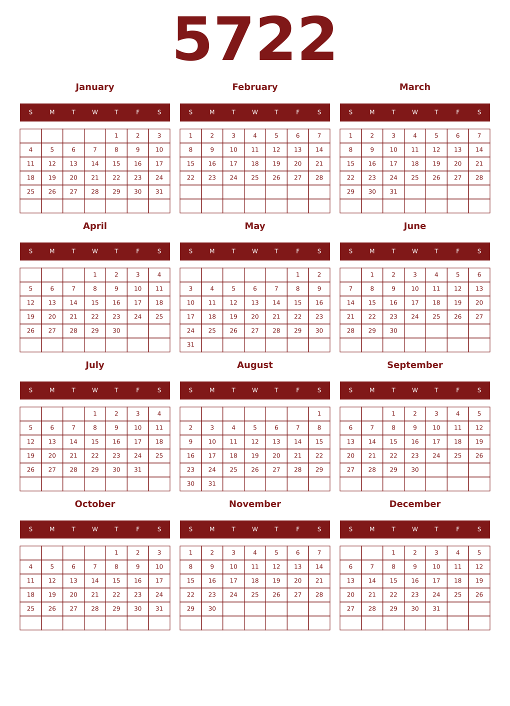 Printable 5722 Year Calendars falu