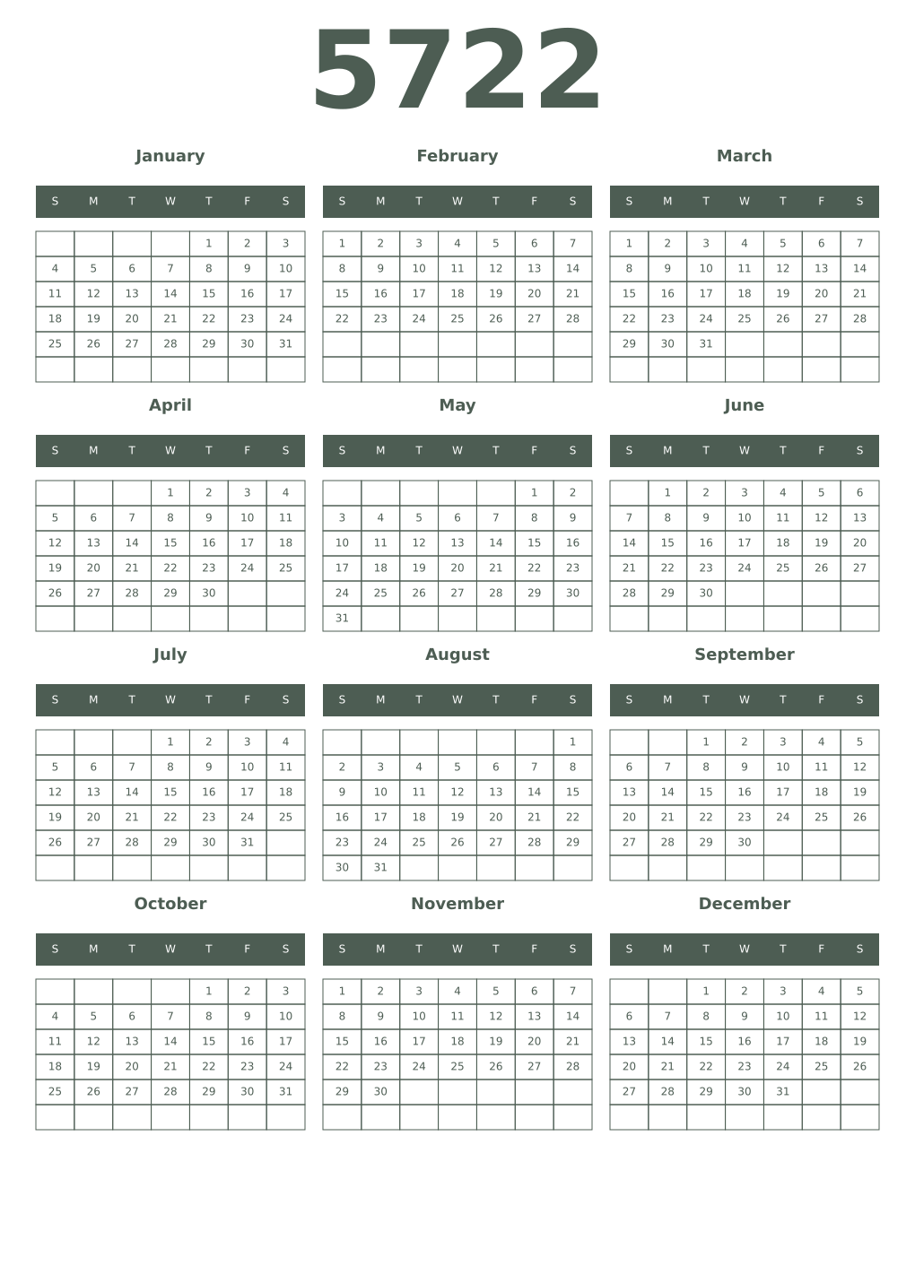 Printable 5722 Year Calendars feldgrau