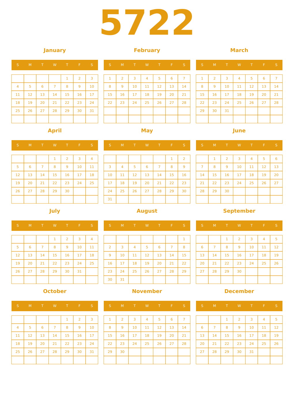 Printable 5722 Year Calendars gamboge