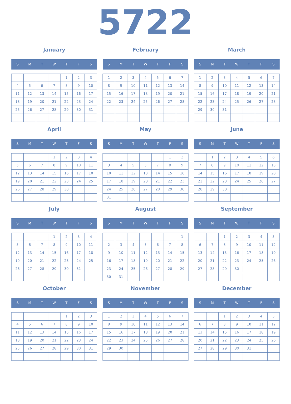 Printable 5722 Year Calendars glaucous