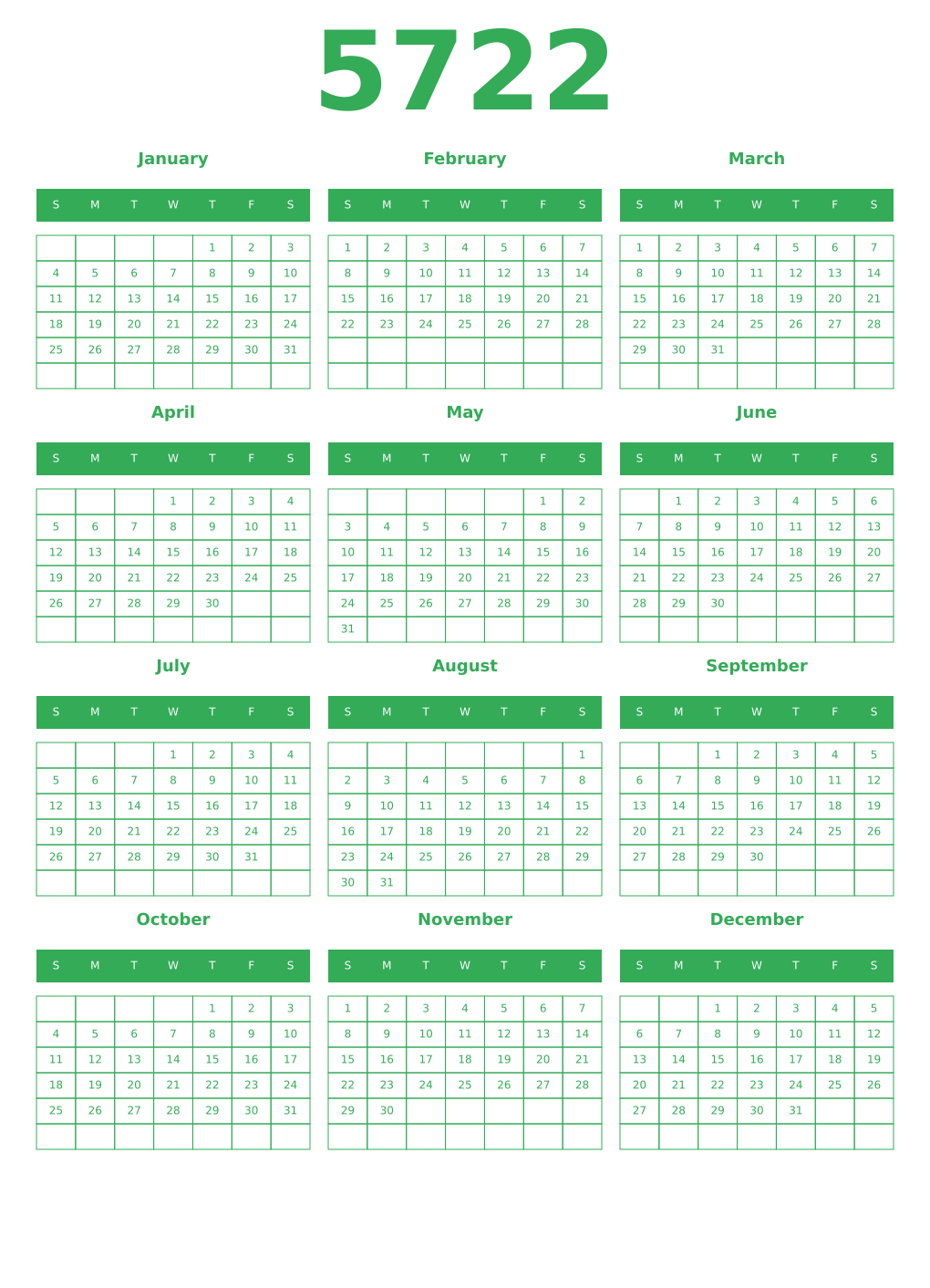 Printable 5722 Year Calendars green