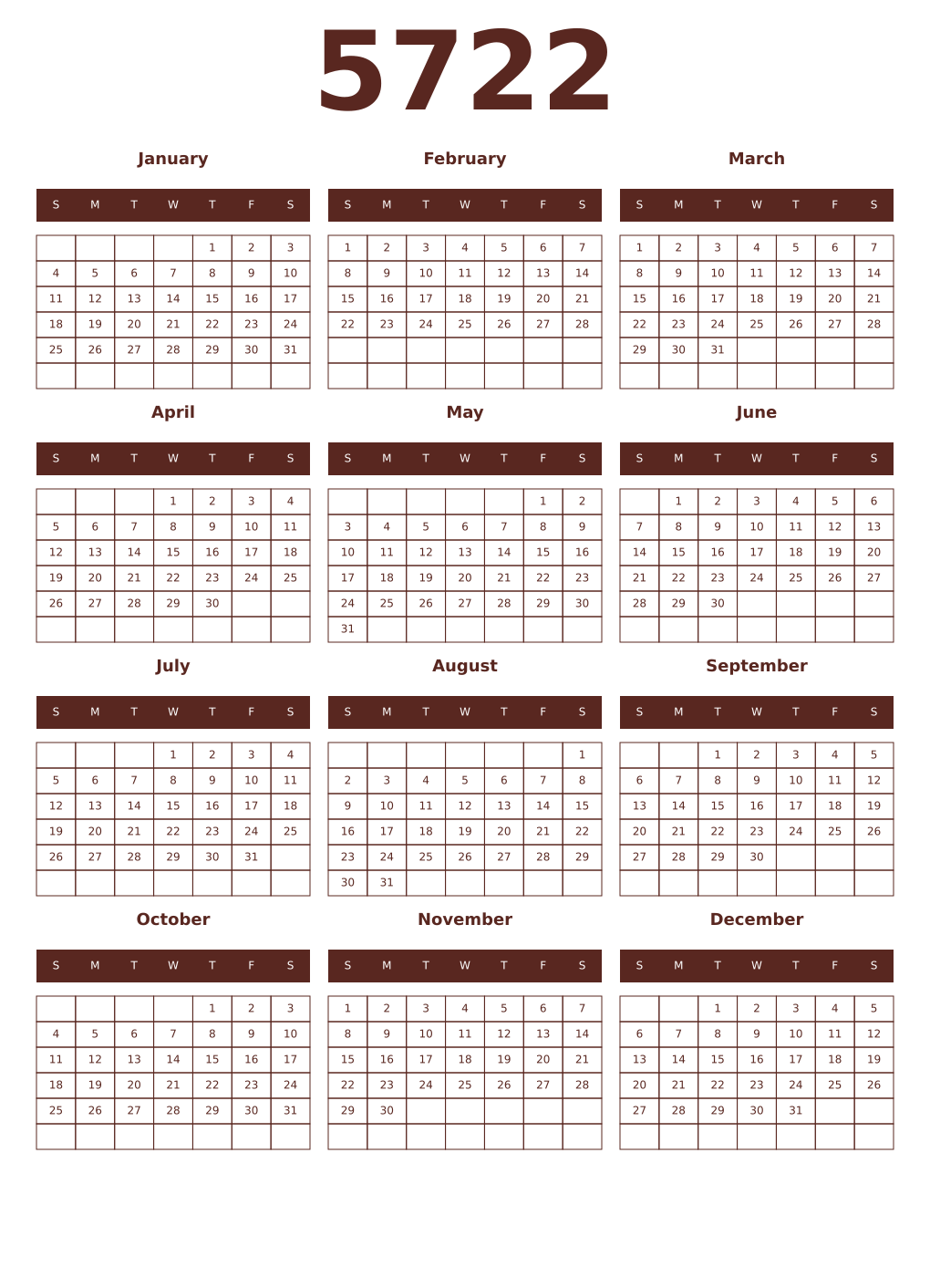 Printable 5722 Year Calendars mortuum