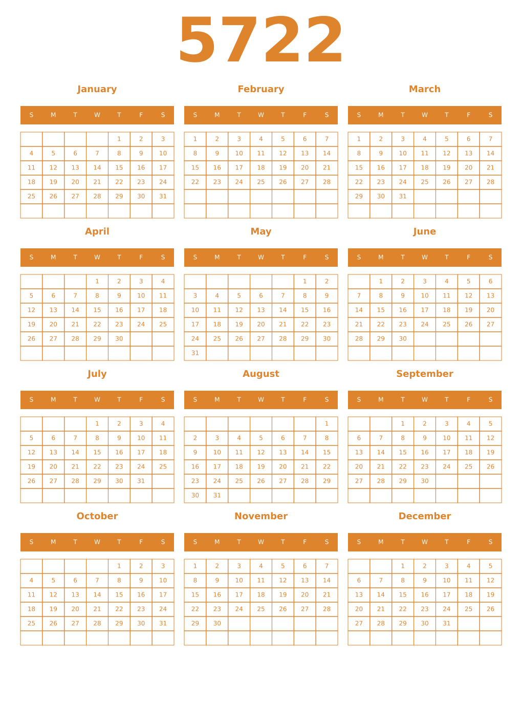 Printable 5722 Year Calendars orange