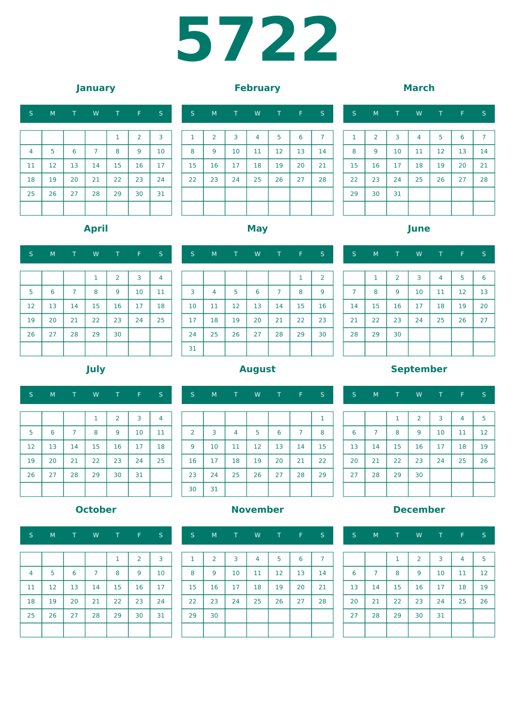 Printable 5722 Year Calendars pastel