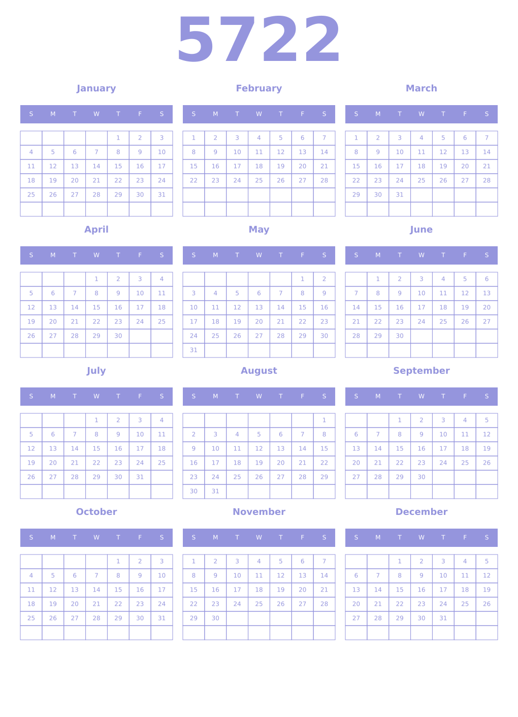 Printable 5722 Year Calendars periwinkle