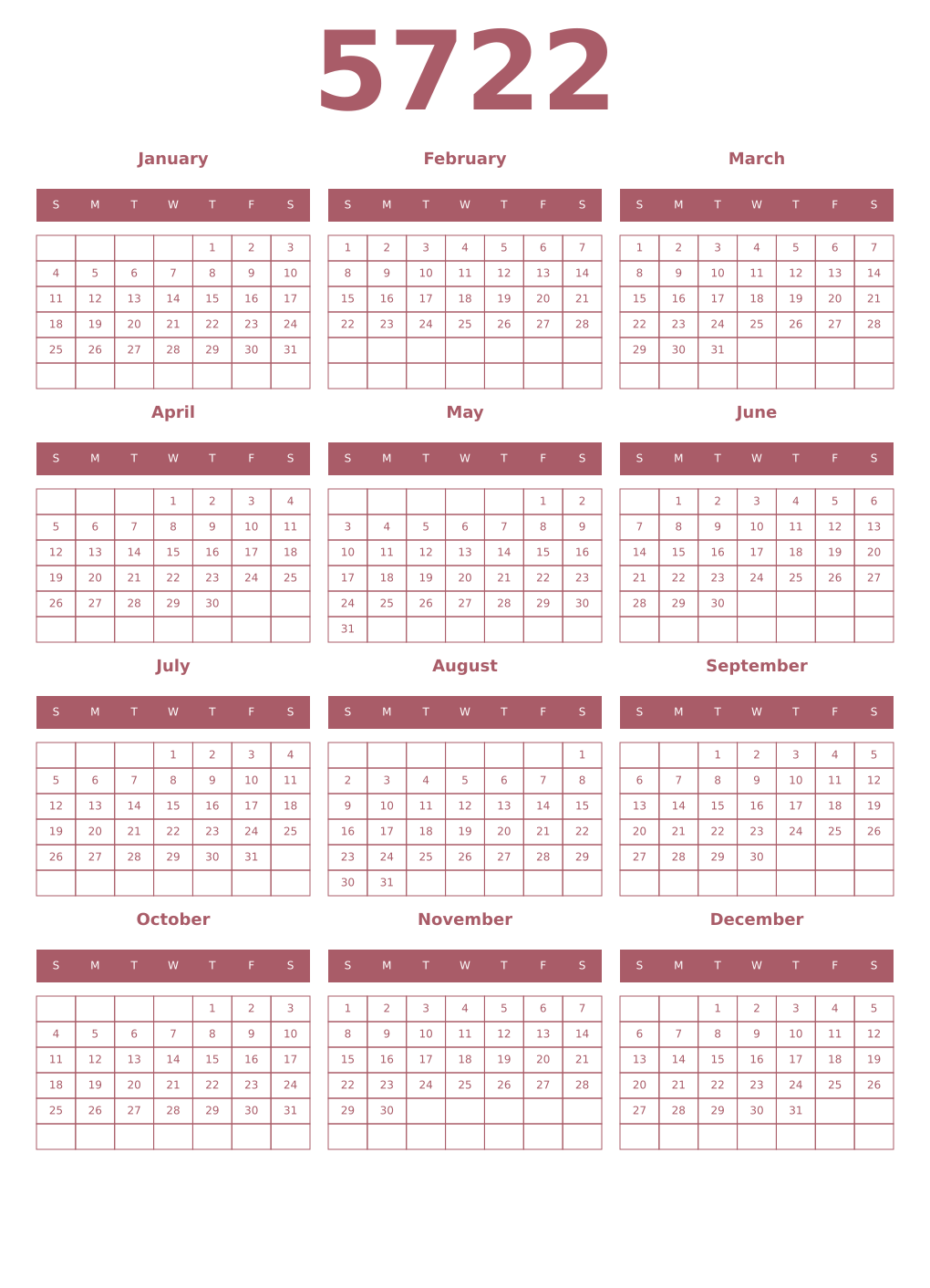 Printable 5722 Year Calendars puce