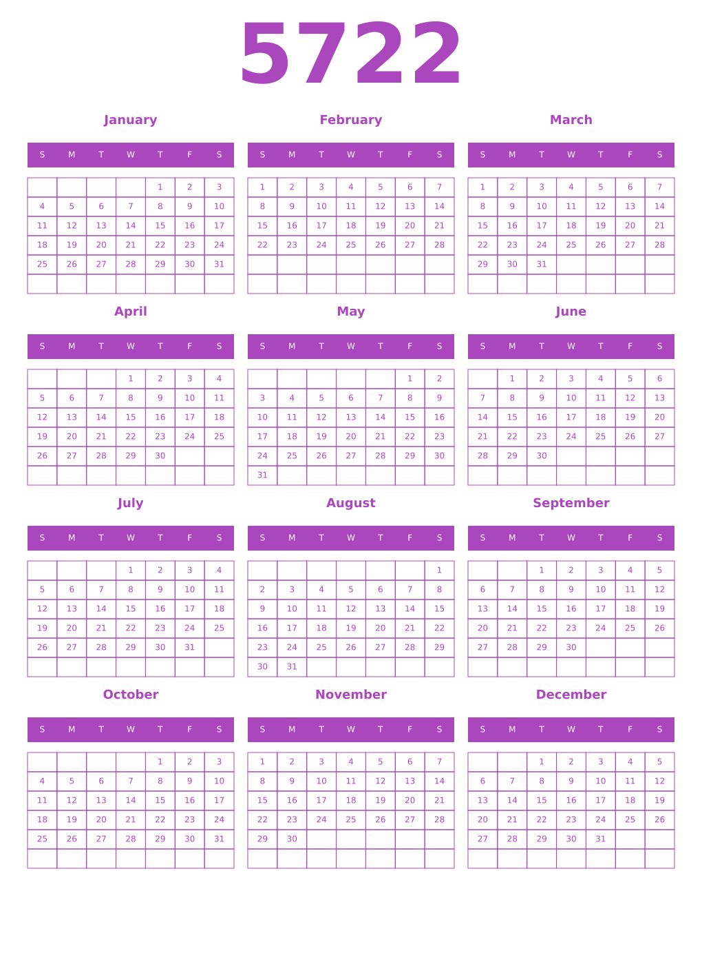 Printable 5722 Year Calendars purple