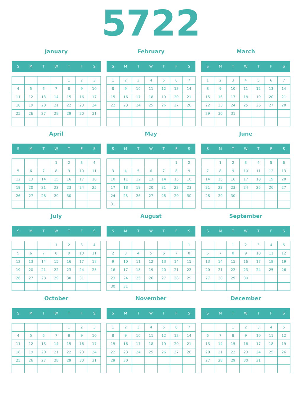 Printable 5722 Year Calendars verdigris