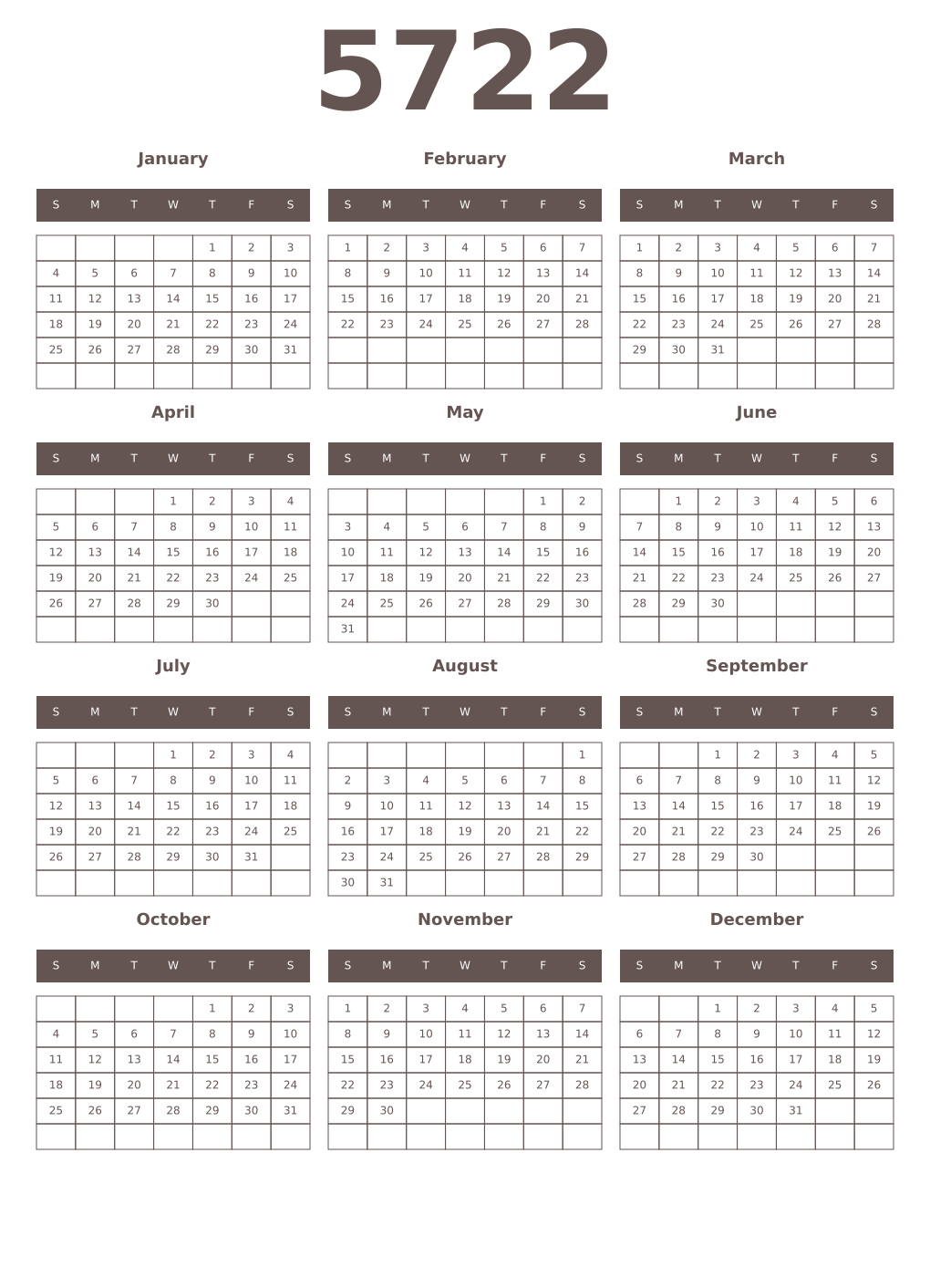 Printable 5722 Year Calendars wenge
