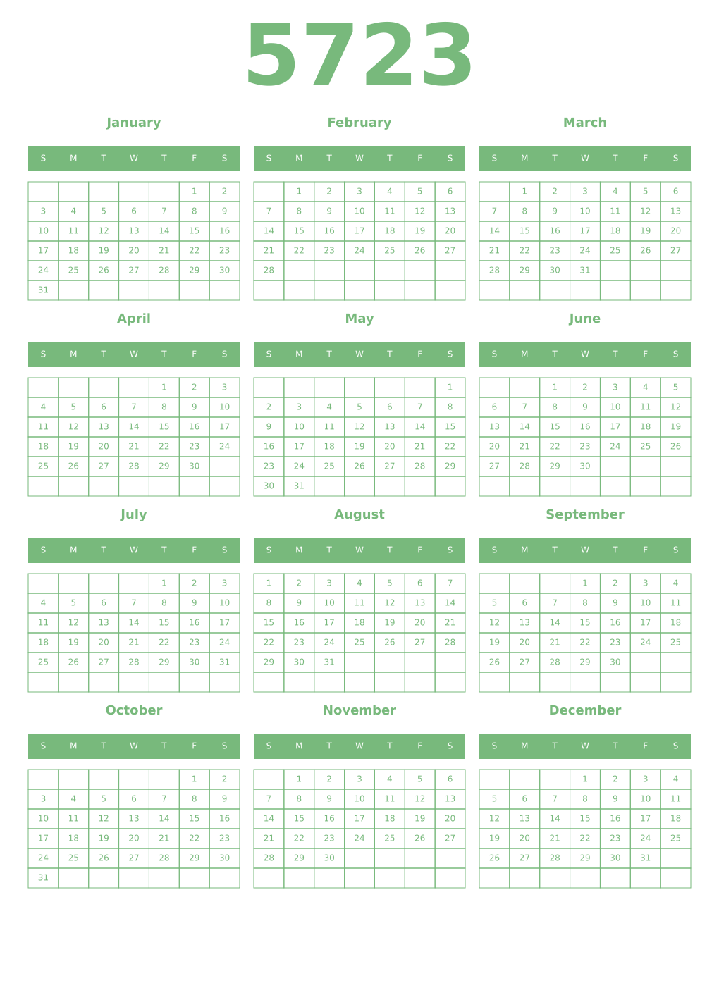 Printable 5723 Year Calendars celadon