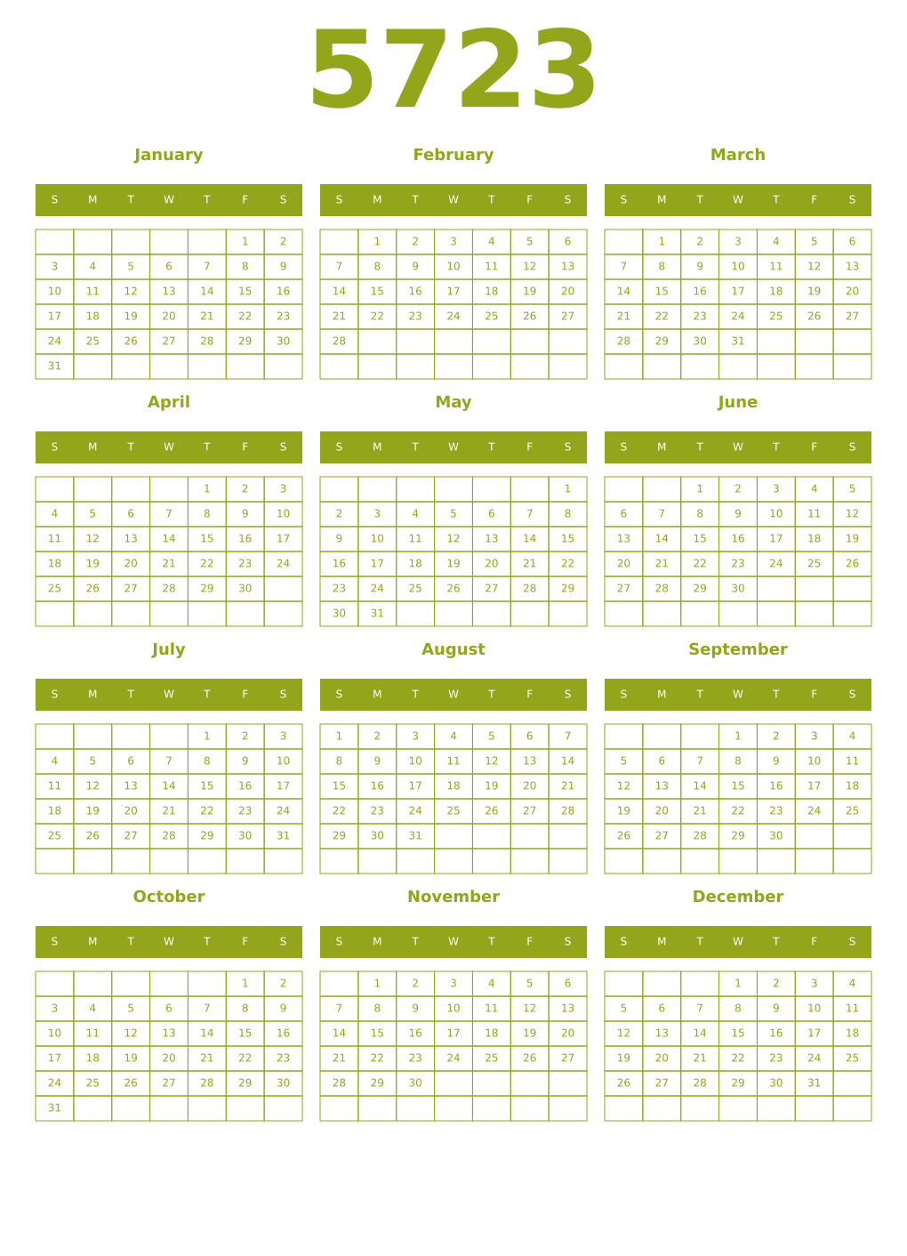 Printable 5723 Year Calendars chartreuse