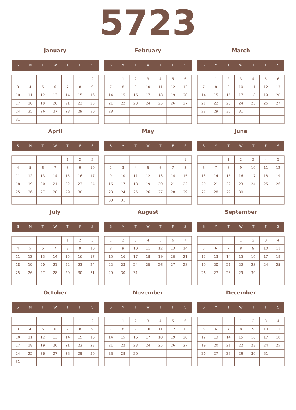 Printable 5723 Year Calendars coffe