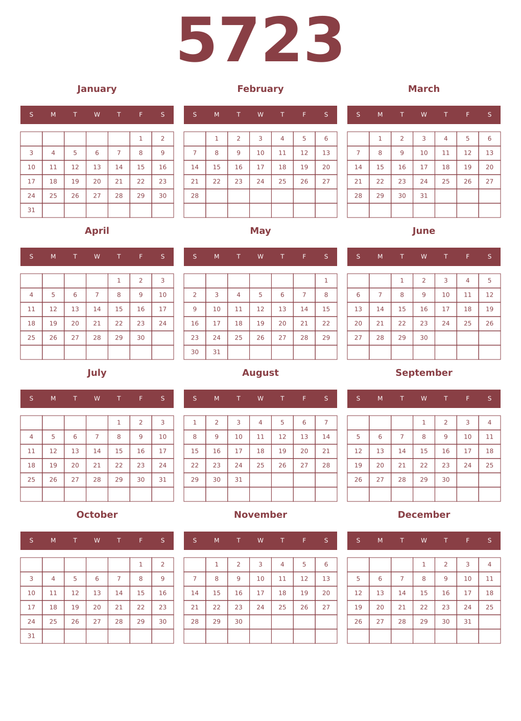 Printable 5723 Year Calendars cordovan