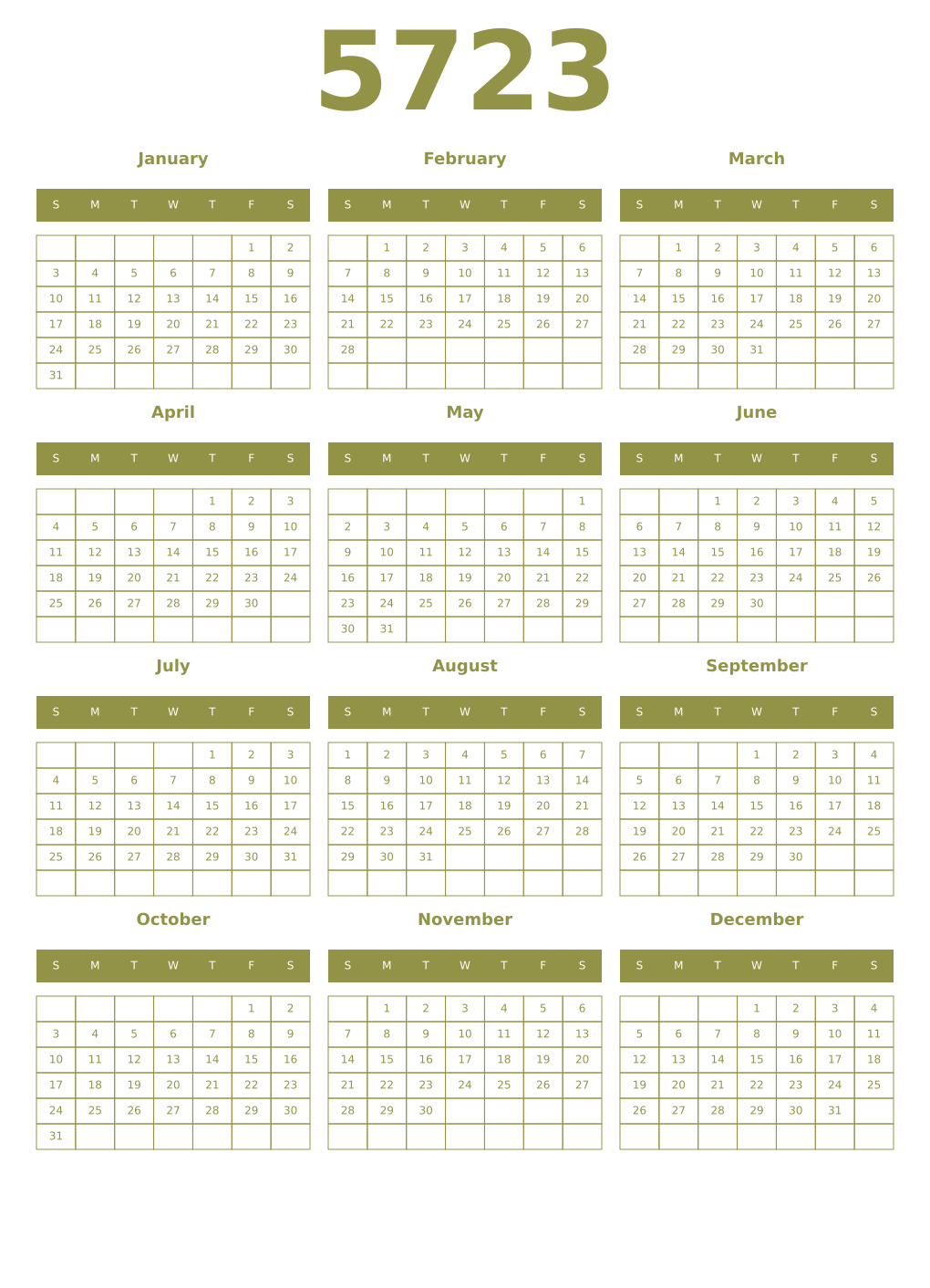 Printable 5723 Year Calendars eburnean