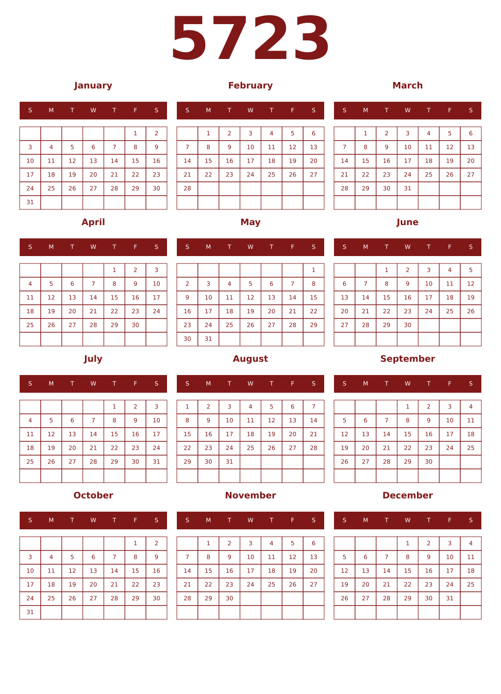 Printable 5723 Year Calendars falu