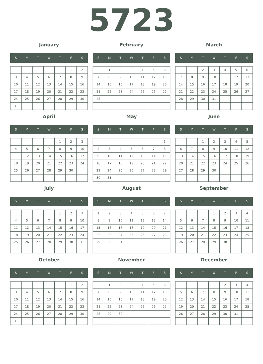 Printable 5723 Year Calendars feldgrau