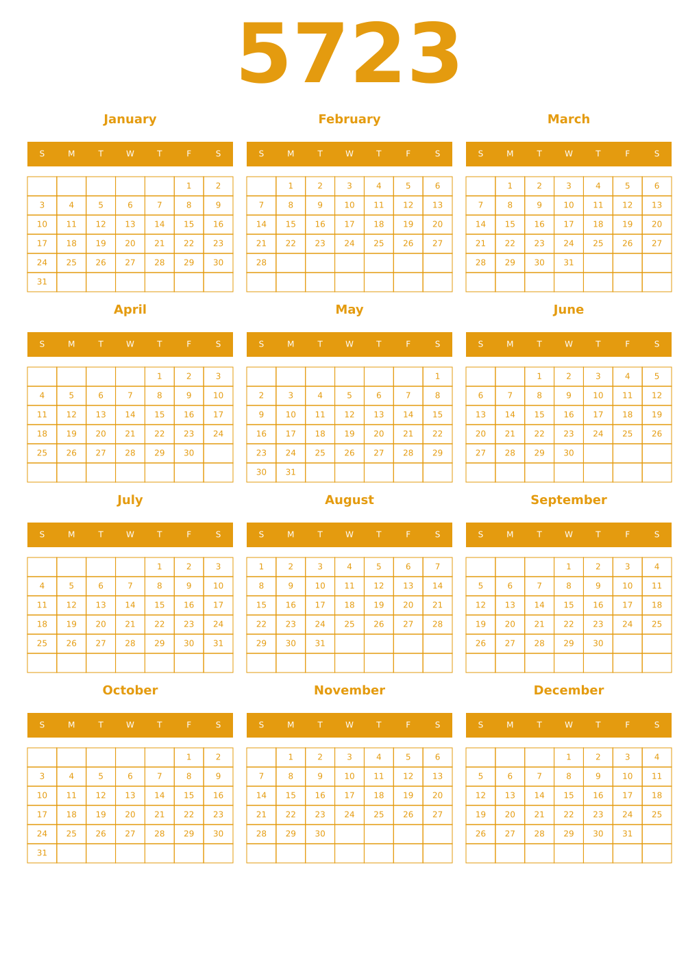 Printable 5723 Year Calendars gamboge