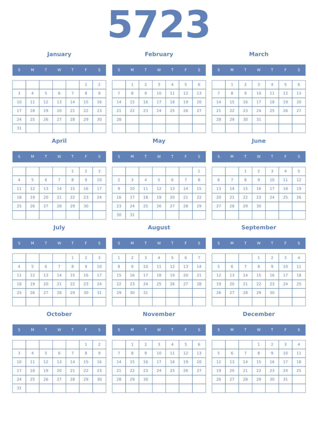 Printable 5723 Year Calendars glaucous