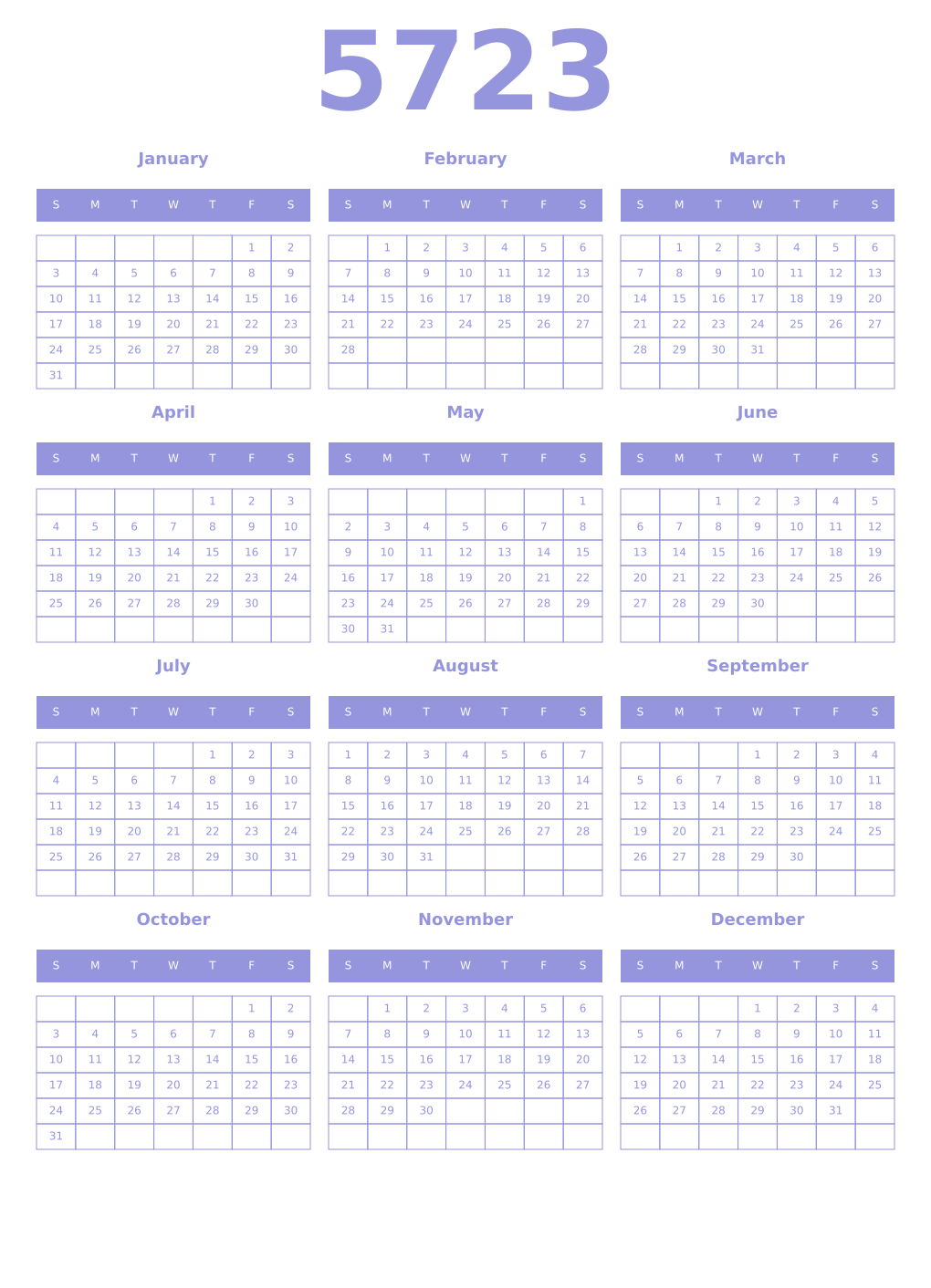 Printable 5723 Year Calendars periwinkle