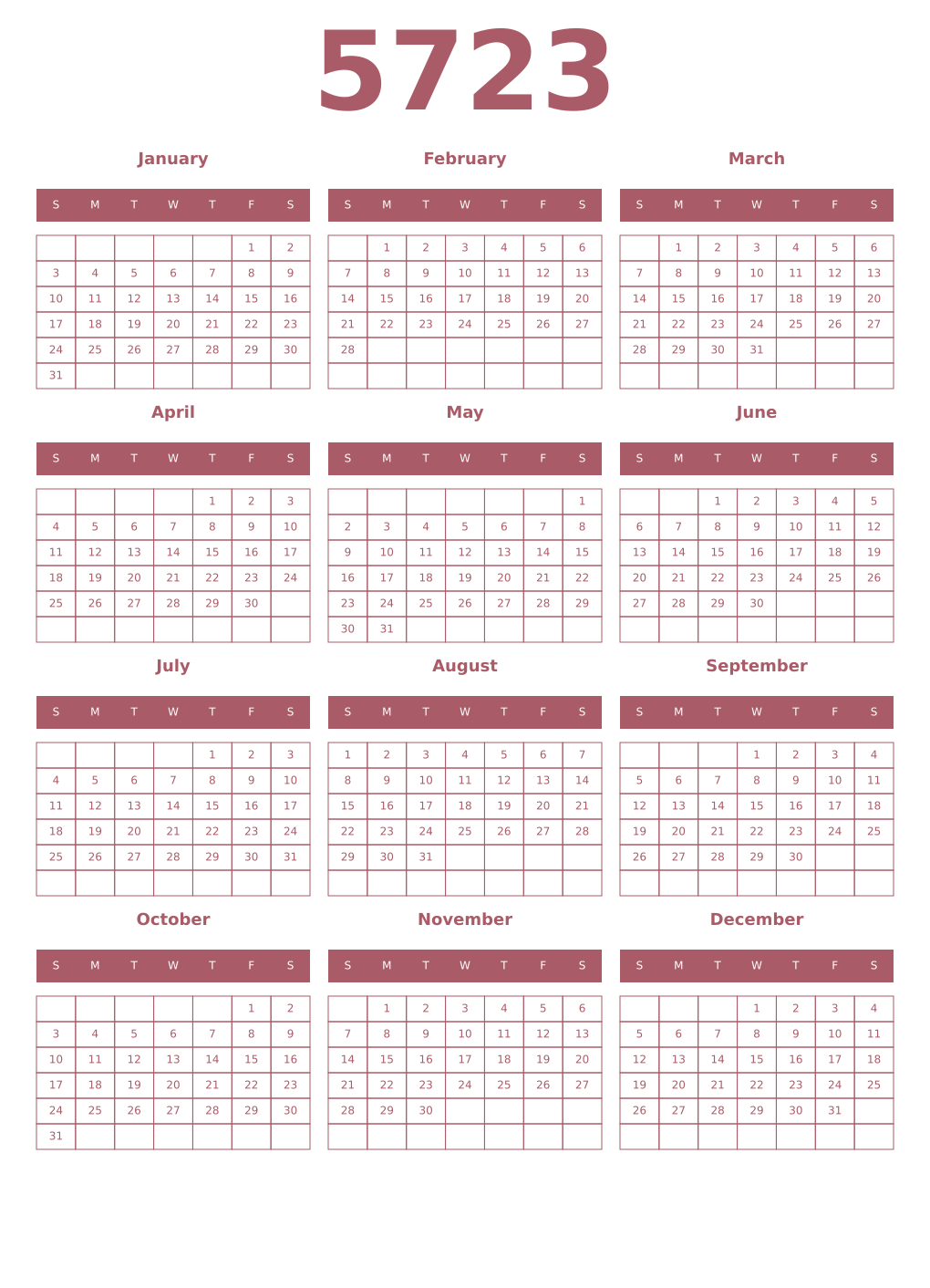 Printable 5723 Year Calendars puce