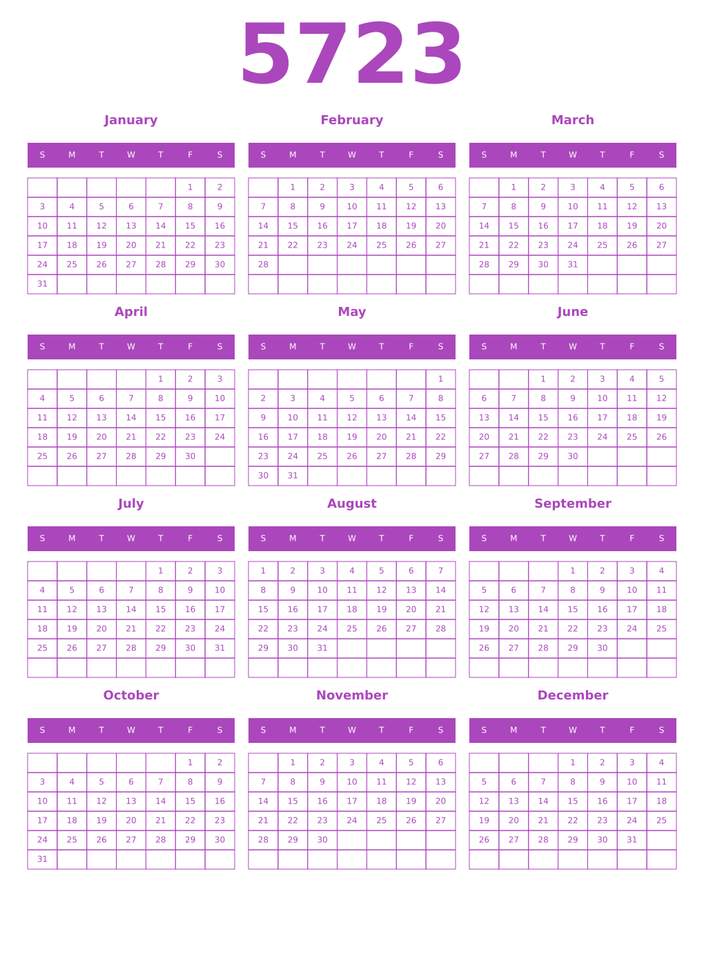 Printable 5723 Year Calendars purple