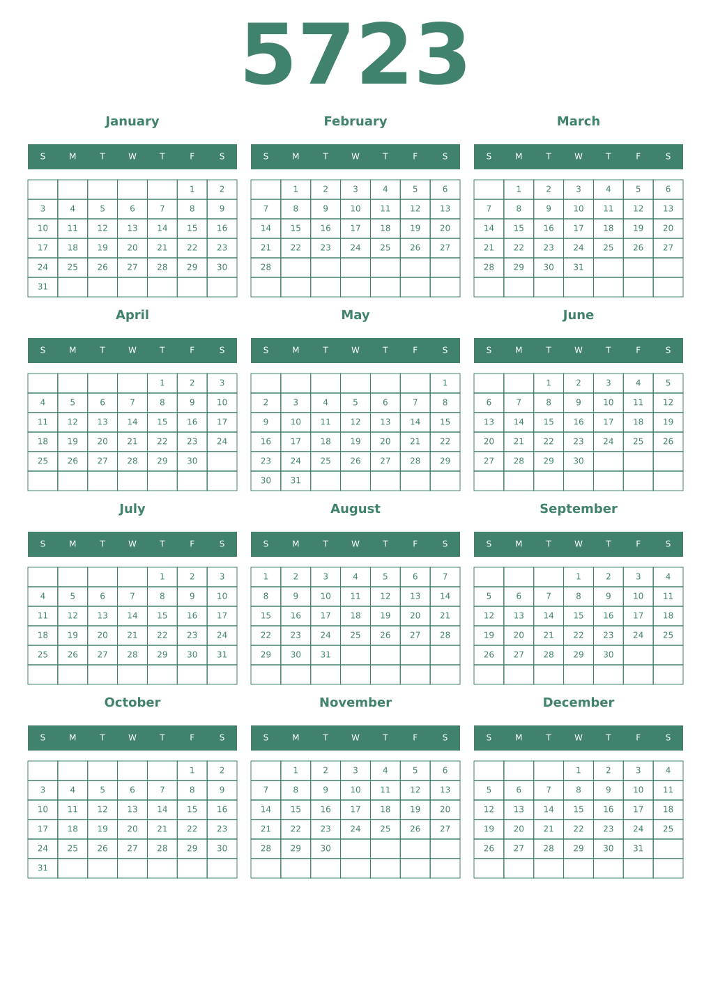 Printable 5723 Year Calendars viridian
