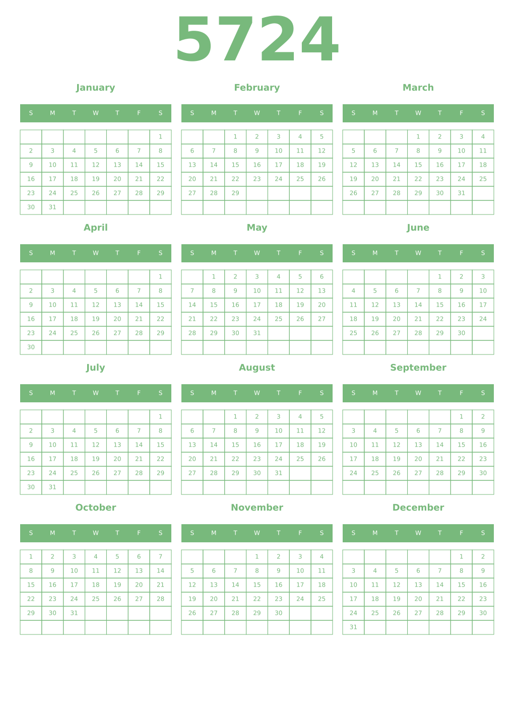 Printable 5724 Year Calendars celadon