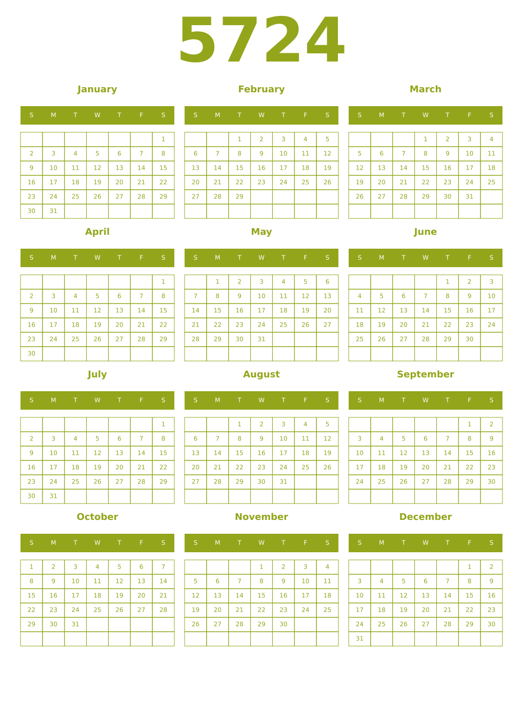 Printable 5724 Year Calendars chartreuse