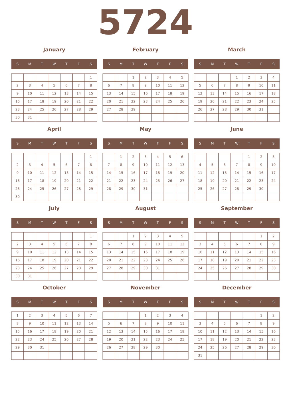 Printable 5724 Year Calendars coffe