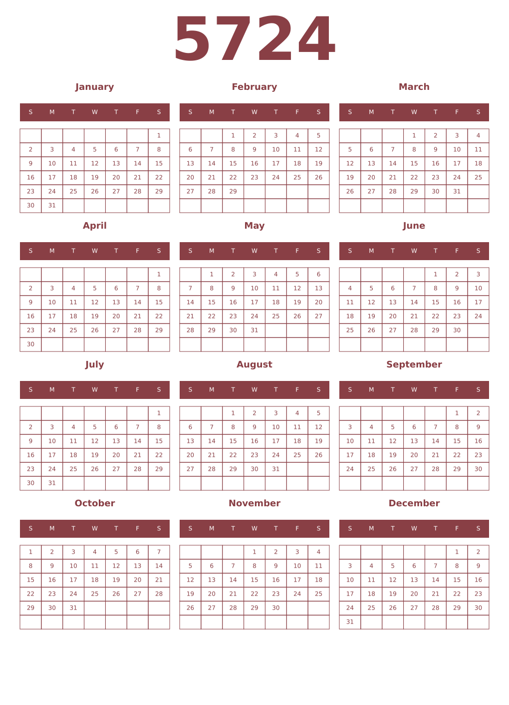 Printable 5724 Year Calendars cordovan