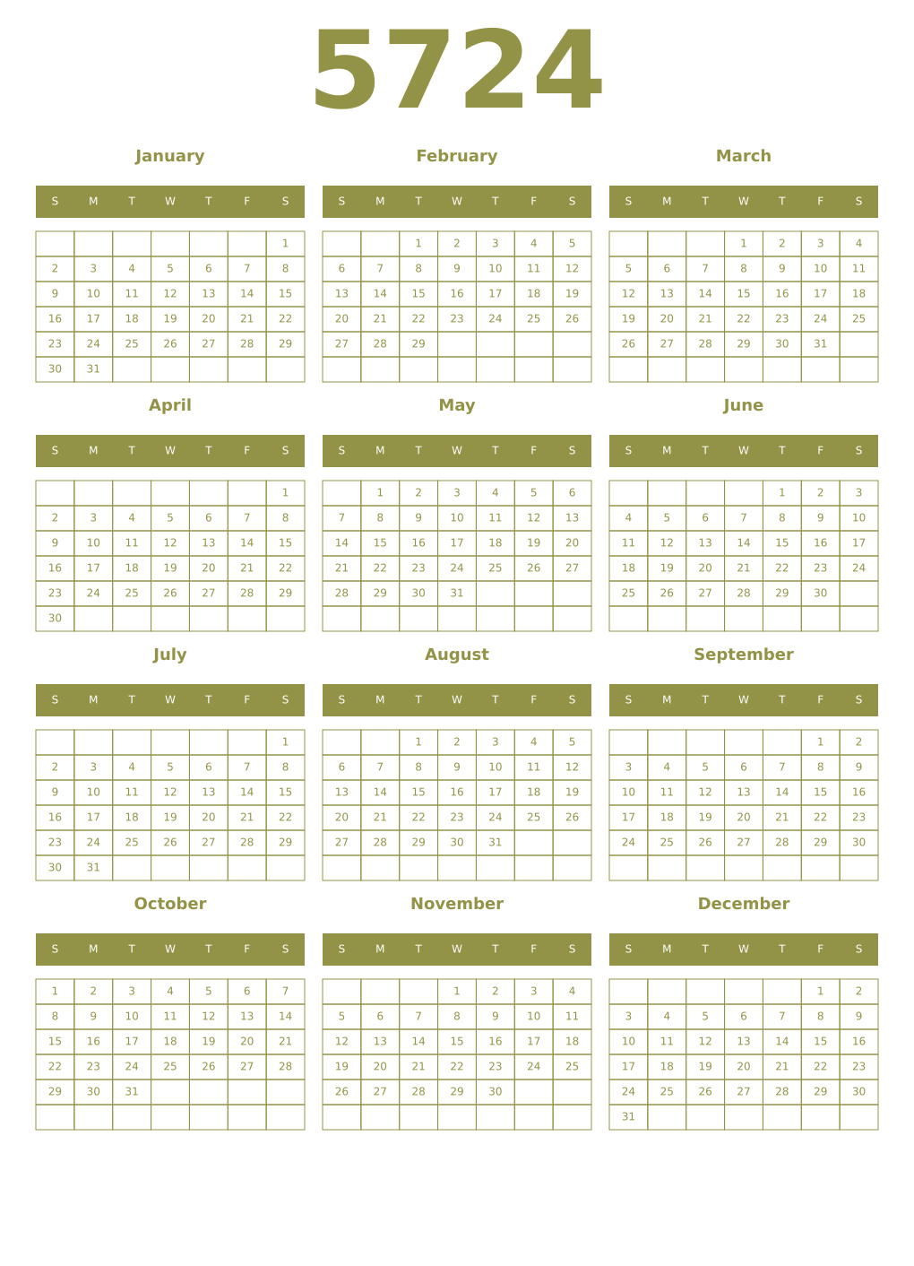 Printable 5724 Year Calendars eburnean