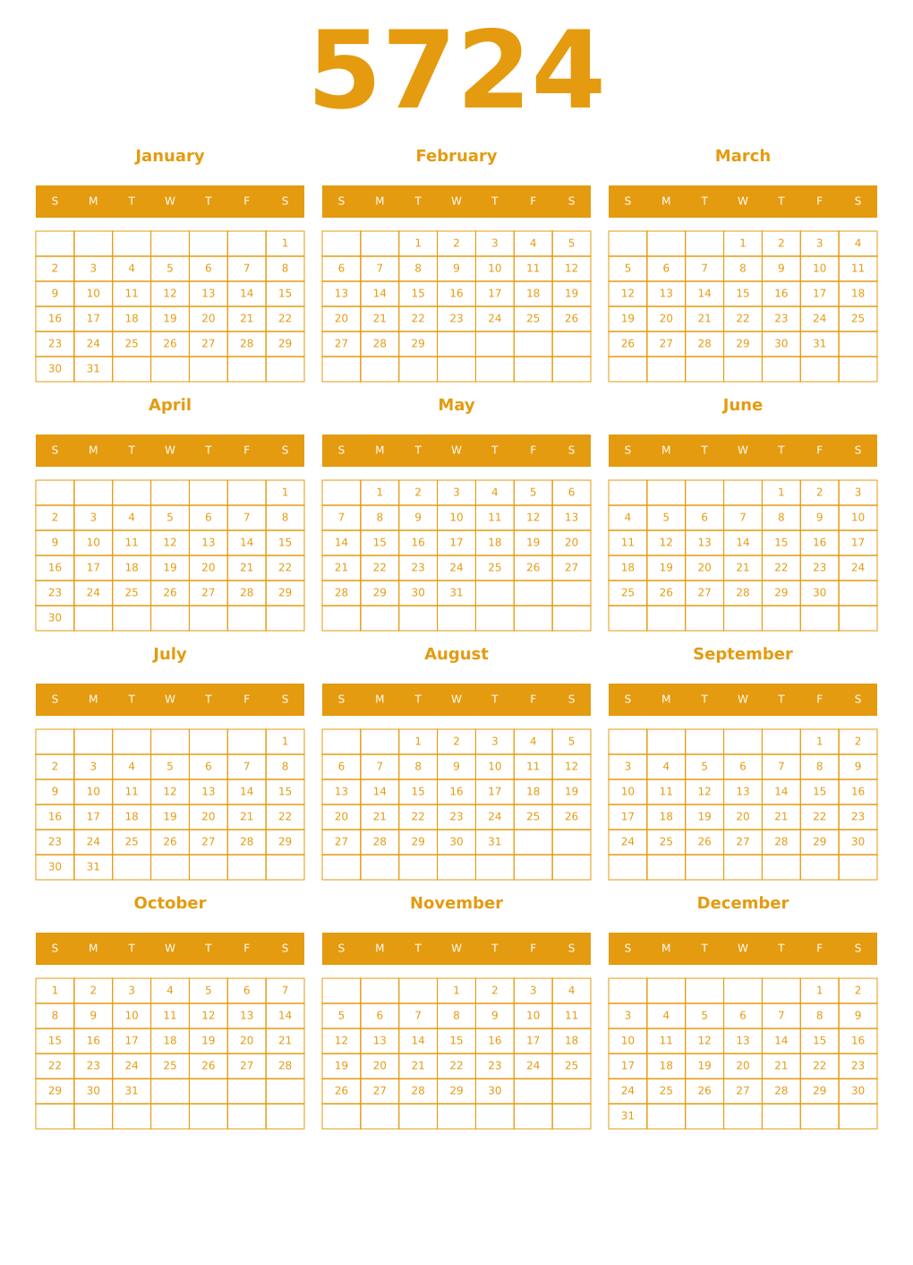 Printable 5724 Year Calendars gamboge
