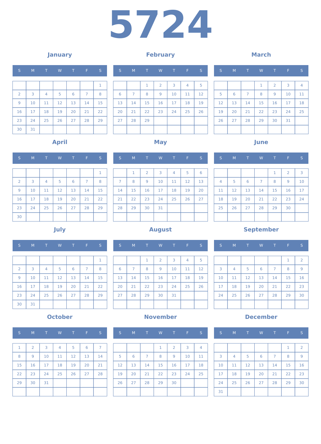 Printable 5724 Year Calendars glaucous