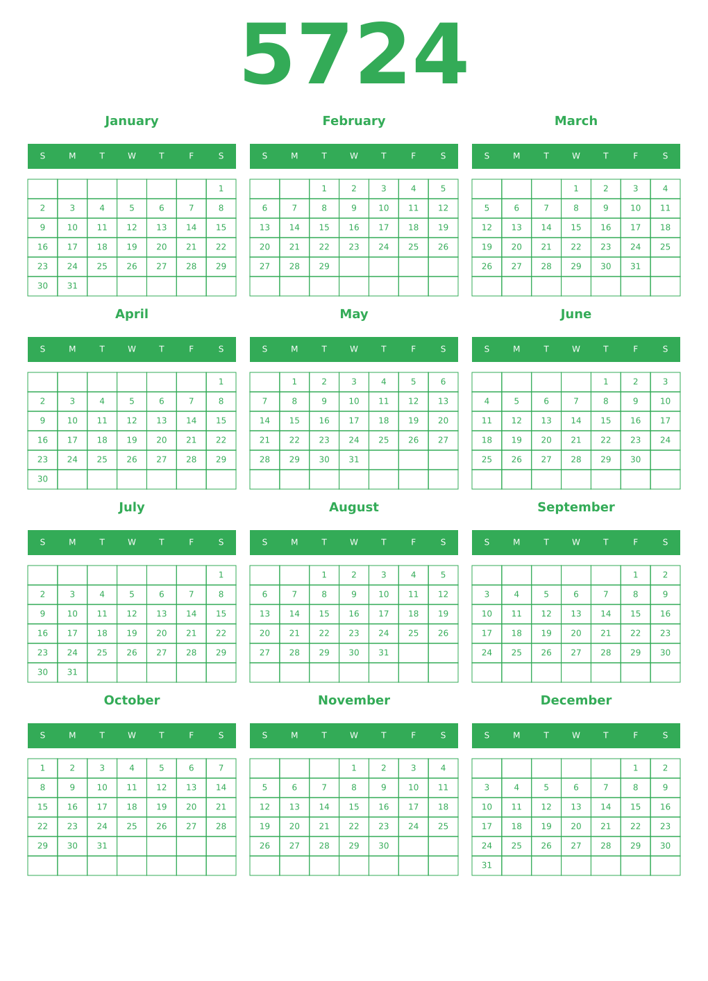 Printable 5724 Year Calendars green