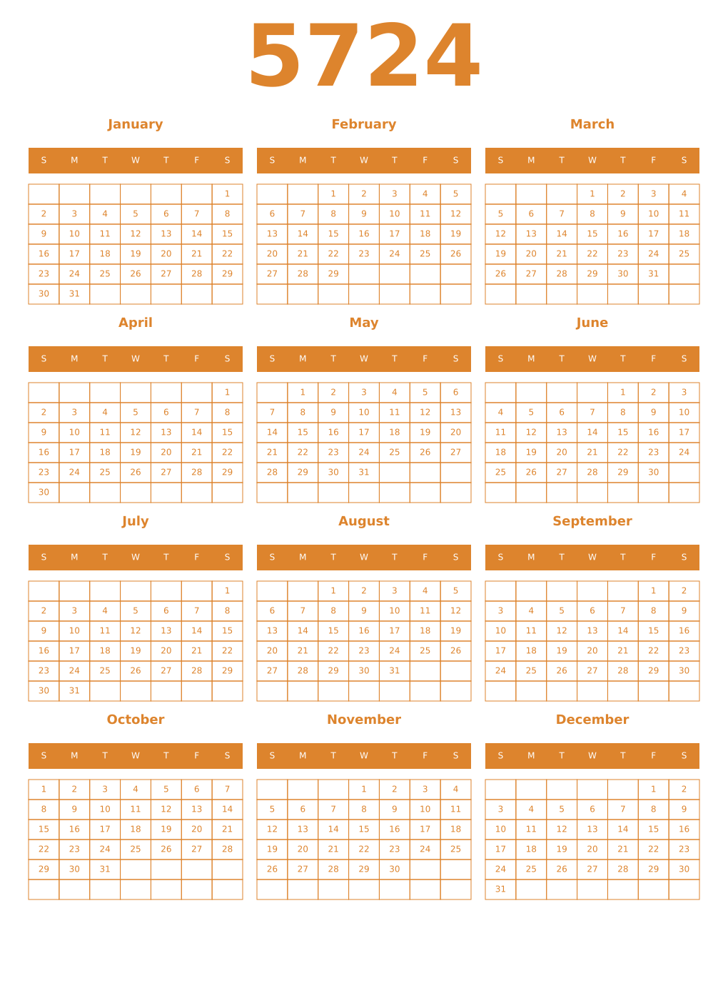 Printable 5724 Year Calendars orange