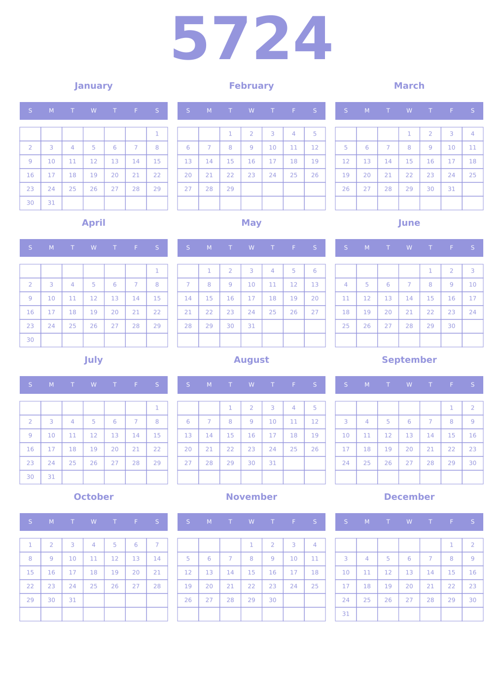 Printable 5724 Year Calendars periwinkle